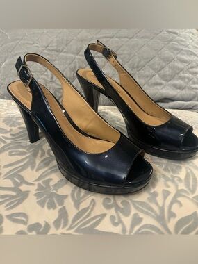 ANTONIO MELANI Navy Patent Peep-Toe Slingback Heels